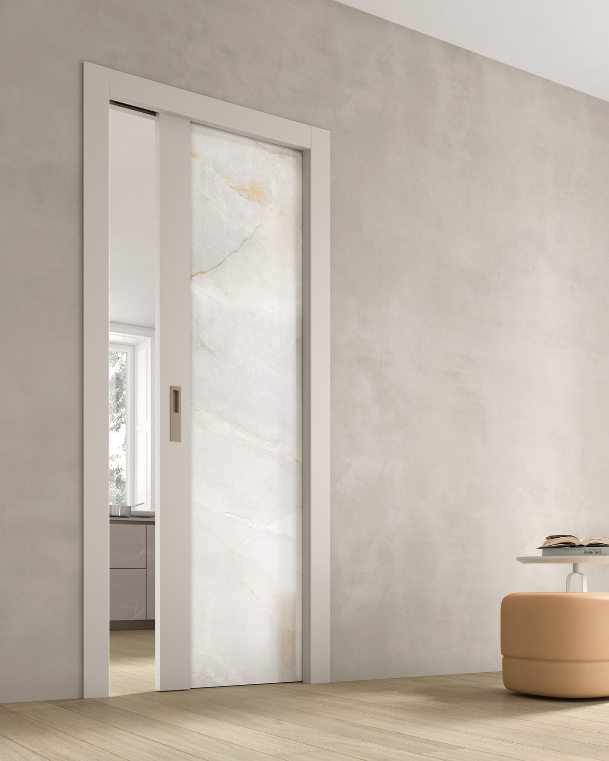 porta Vetro Passante effetto Venato Ocra con apertura scorrevole