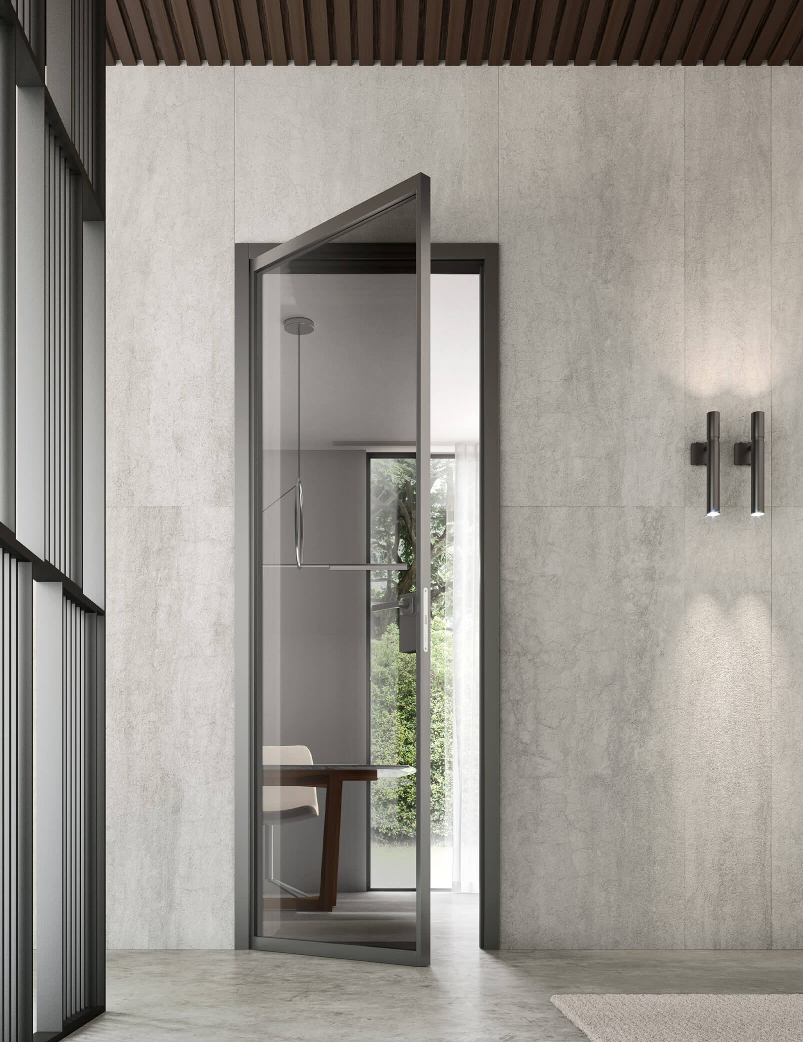 Porta interna Skyline con cornice in alluminio e vetro fumè