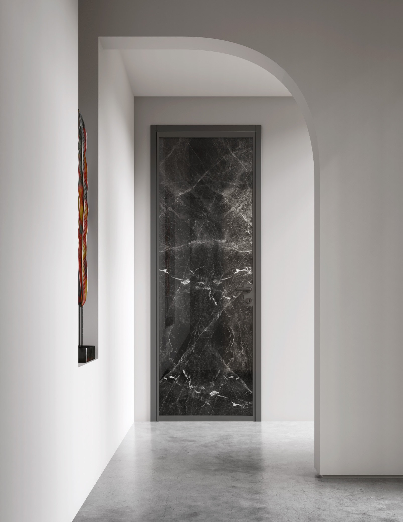 Porta interna Skyline con cornice in alluminio e vetro effetto marmo