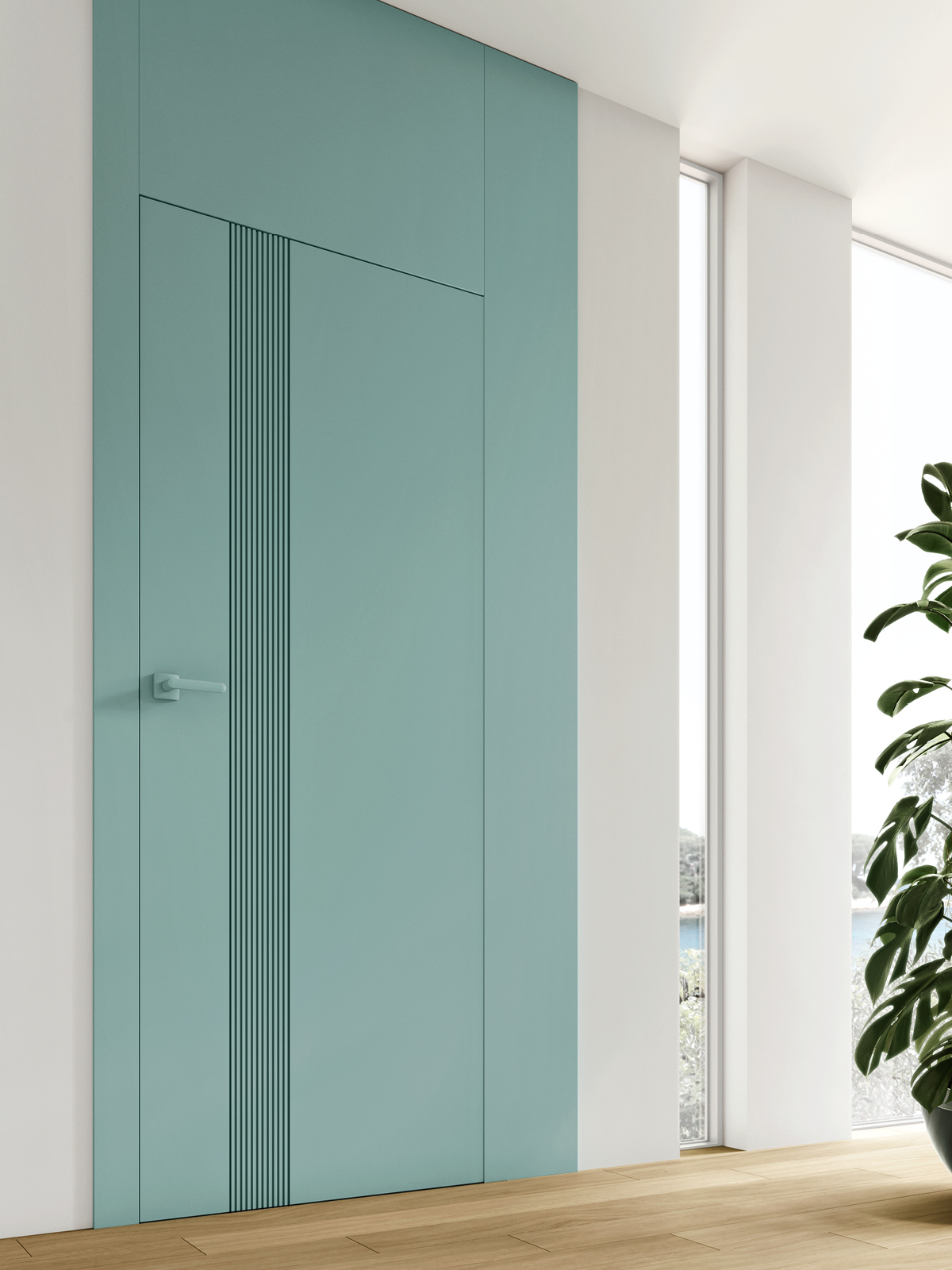 Porte colorate: Penthouse colore Acquamarina con telaio F300 e maniglia in tinta