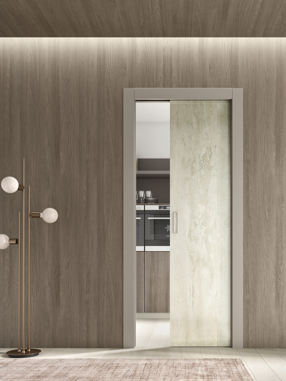 porta scorrevole interno muro in vetro Arte effetto travertino per cucina