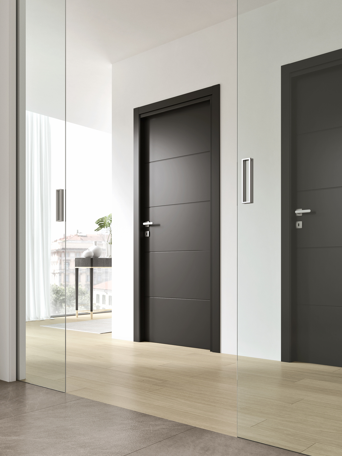 porta vetro Glass scorrevole doppia anta tra zona giorno e notte