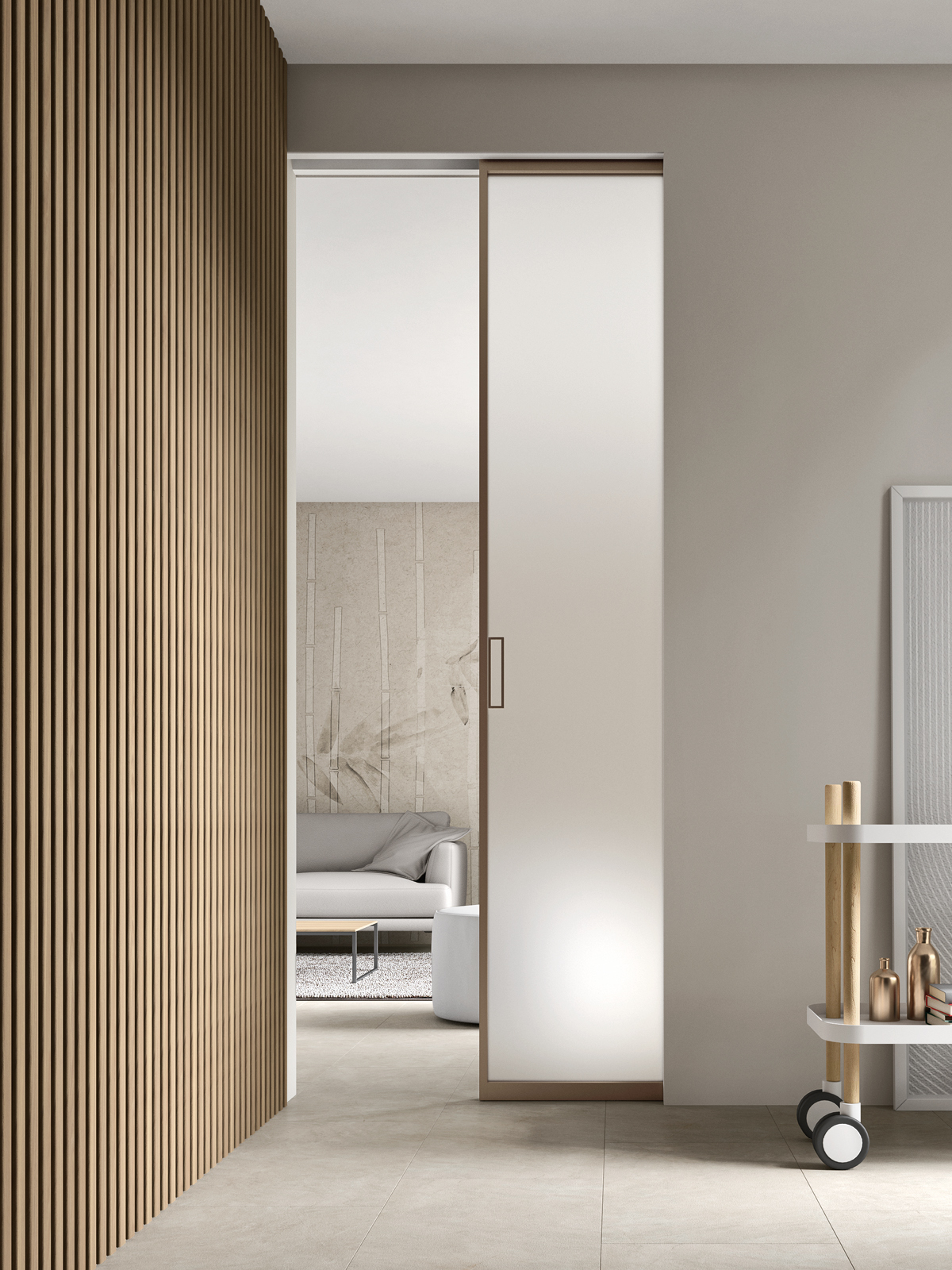 porta scorrevole interno muro vetro satinato Skyline tra living e zona notte
